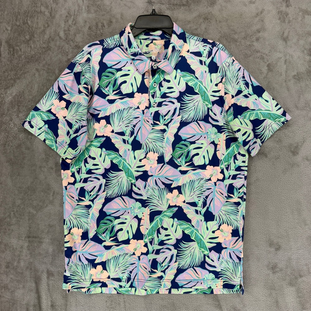 Chubbies Polo Shirt Mens Large Tropical Floral Navy Blue Performance Stretch EUC